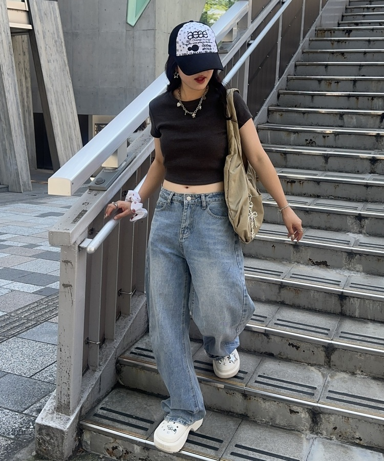 デニム ラインストーンワイドジーンズ BLUE