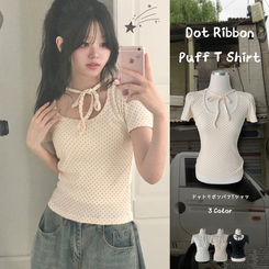 半袖Tシャツ ドットリボンパフ半袖Tシャツ CREAM