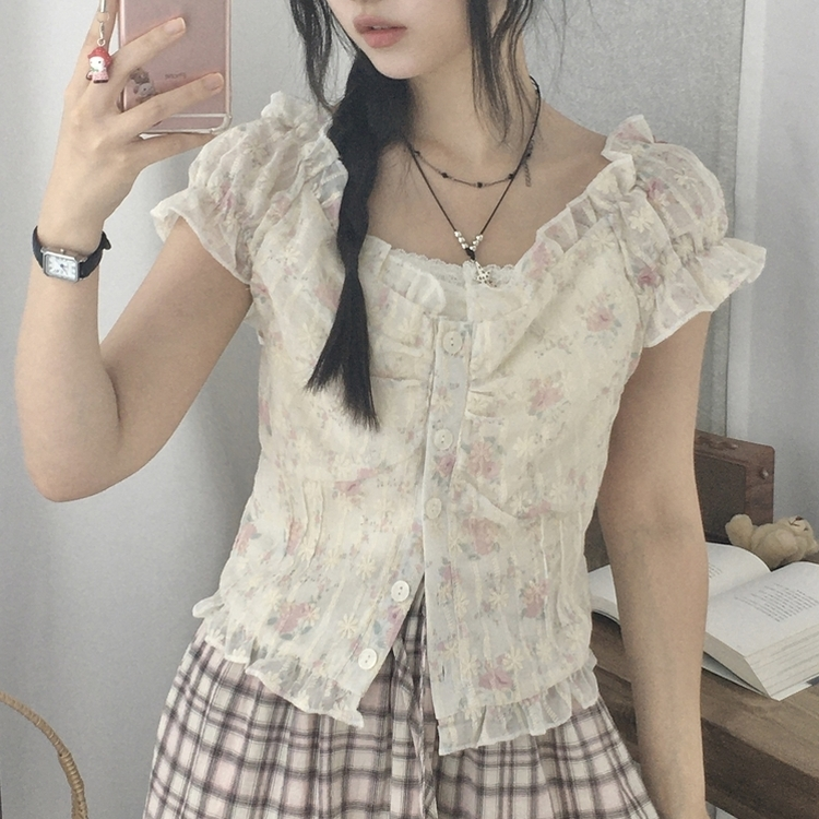 자개단추 피치 오프숄더 레이스 플라워 반팔 나시 블라우스 핑크