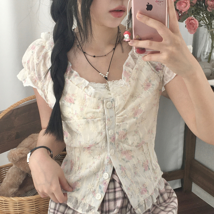 자개단추 피치 오프숄더 레이스 플라워 반팔 나시 블라우스 핑크