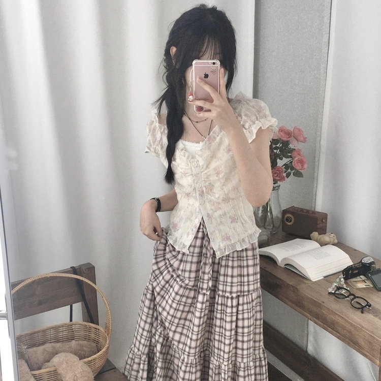 자개단추 피치 오프숄더 레이스 플라워 반팔 나시 블라우스 핑크