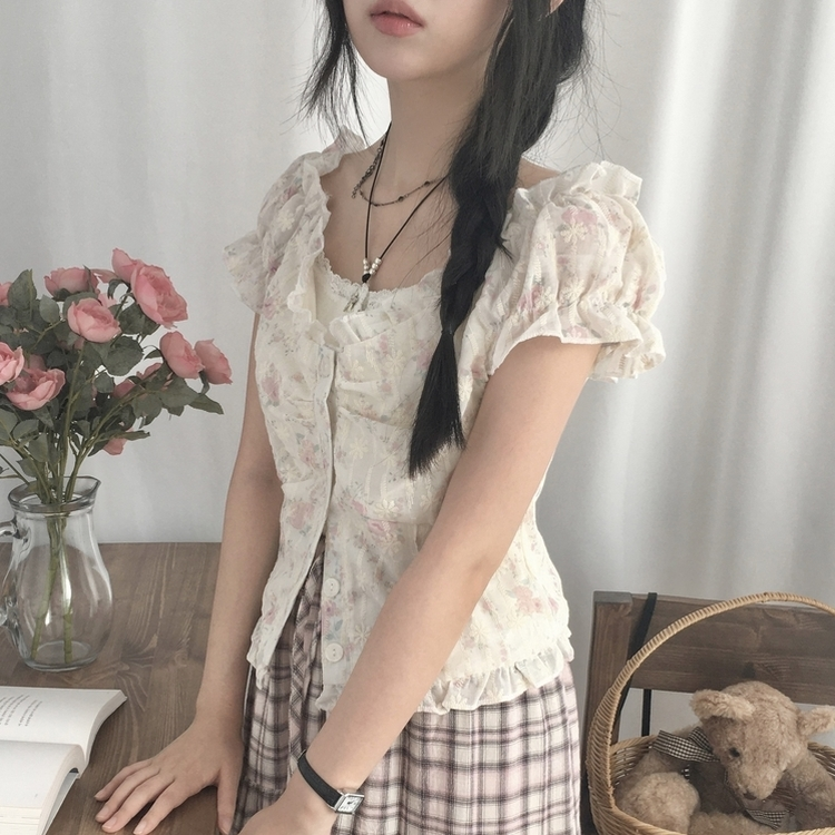 자개단추 피치 오프숄더 레이스 플라워 반팔 나시 블라우스 핑크