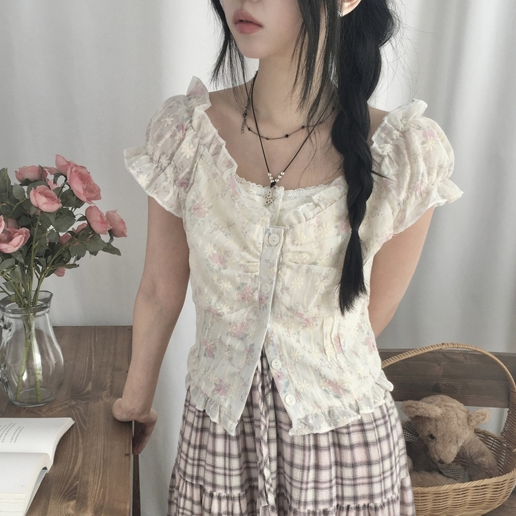 자개단추 피치 오프숄더 레이스 플라워 반팔 나시 블라우스 핑크