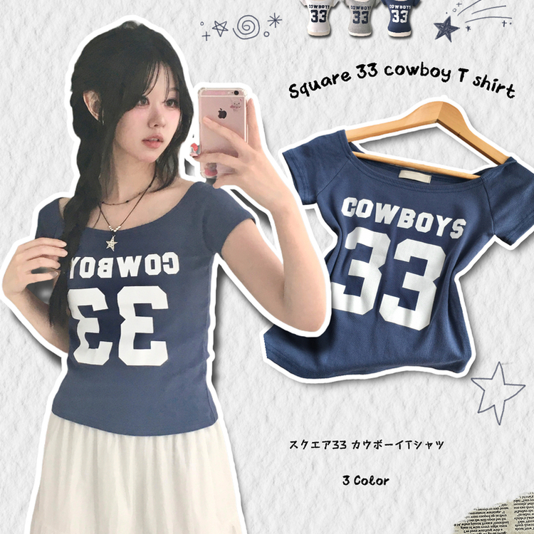 カウボーイ33スクエアネック半袖スリムレタリングTシャツ｜半袖Tシャツ
