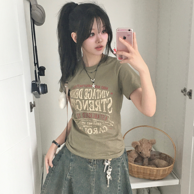 빈티지 레터링 스트릿 힙 정핏 세미크롭 반팔티셔 라이트카키