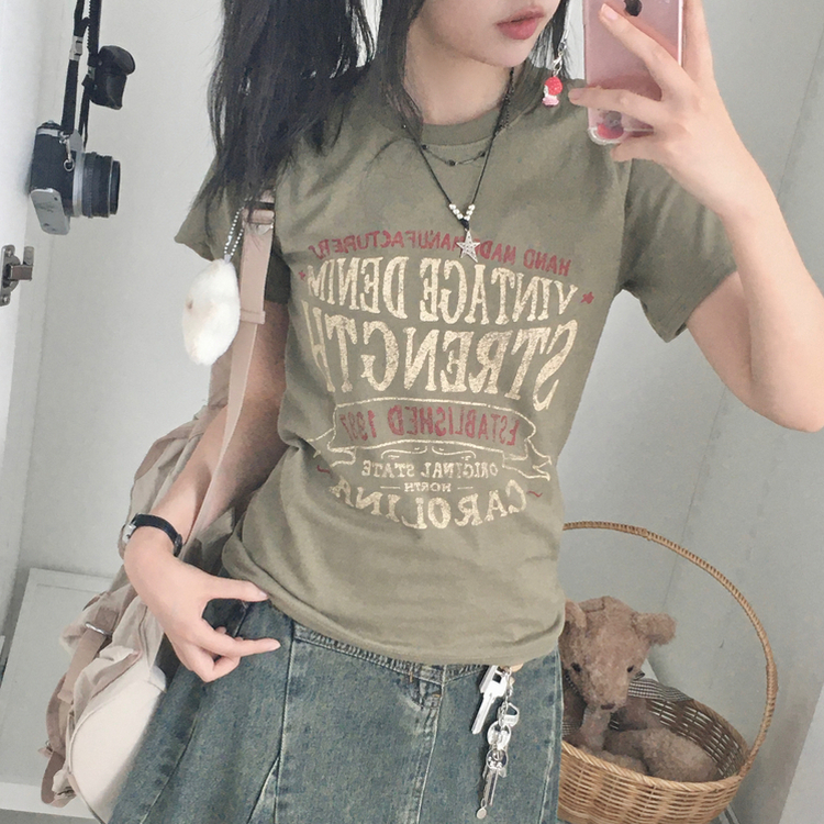 빈티지 레터링 스트릿 힙 정핏 세미크롭 반팔티셔 라이트카키