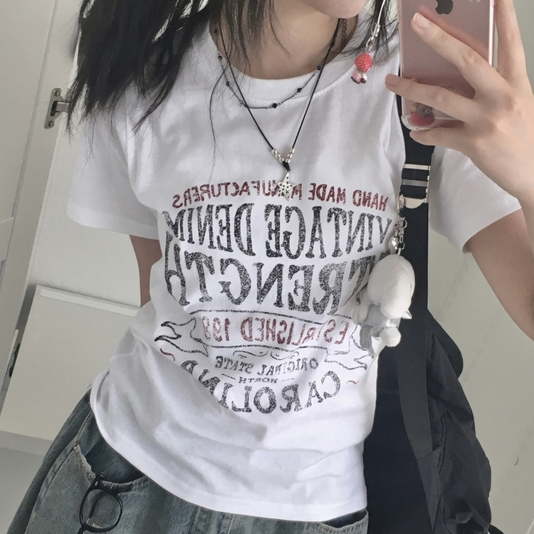 빈티지 레터링 스트릿 힙 정핏 세미크롭 반팔티셔 화이트