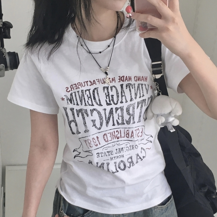 빈티지 레터링 스트릿 힙 정핏 세미크롭 반팔티셔 화이트