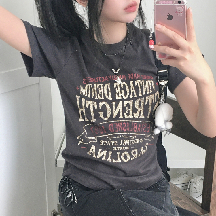 빈티지 레터링 스트릿 힙 정핏 세미크롭 반팔티셔 차콜