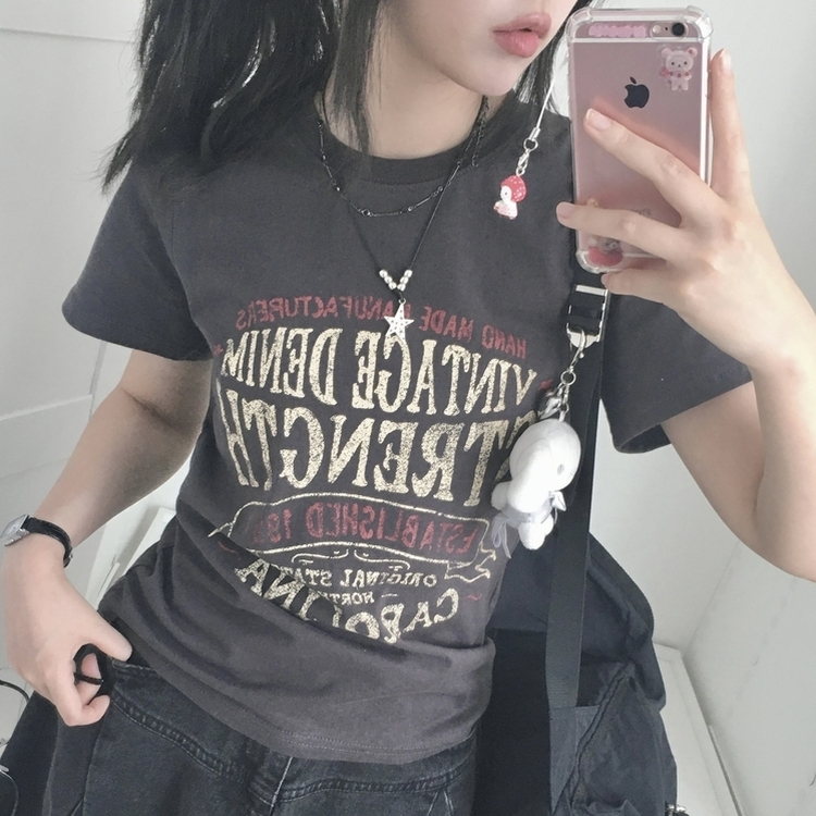 빈티지 레터링 스트릿 힙 정핏 세미크롭 반팔티셔 차콜