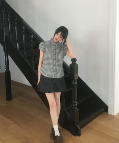 チェックフリルパフ半袖ブラウス NAVY
