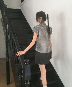 チェックフリルパフ半袖ブラウス NAVY