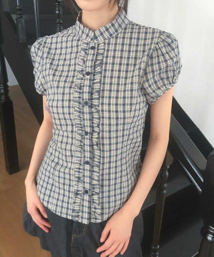 チェックフリルパフ半袖ブラウス NAVY