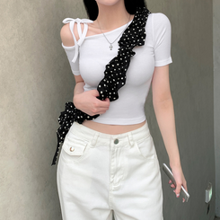 半袖Tシャツ リボンワンショルダークロップ半袖Tシャツ WHITE