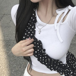 半袖Tシャツ リボンワンショルダークロップ半袖Tシャツ WHITE