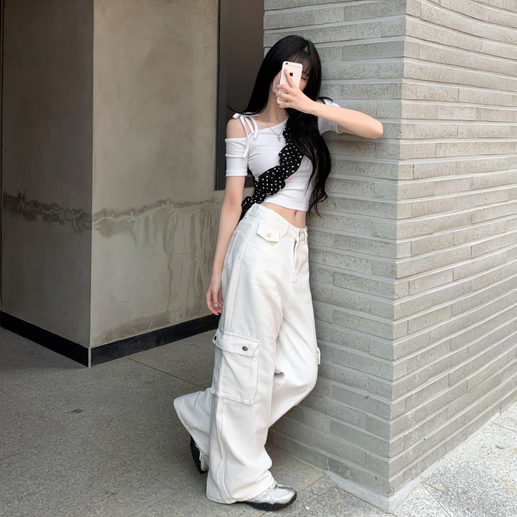 リボンワンショルダークロップ半袖Tシャツ WHITE