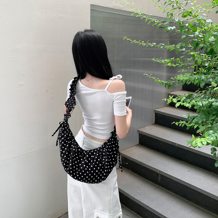 リボンワンショルダークロップ半袖Tシャツ WHITE