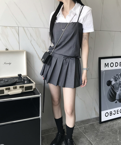 ミニワンピース プリーツキャミソールワンピース GREY