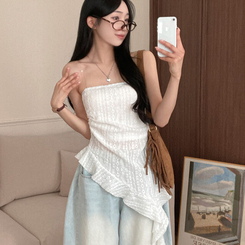 비비 레이스 플라워 테일 오프숄더 튜브 탑 블라우스 화이트