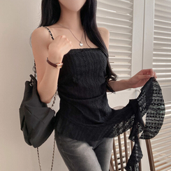 비비 레이스 플라워 테일 오프숄더 튜브 탑 블라우스 블랙