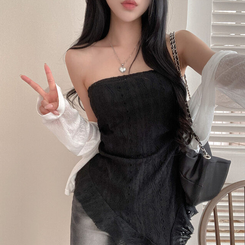 비비 레이스 플라워 테일 오프숄더 튜브 탑 블라우스 블랙