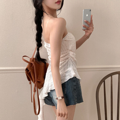 비비 레이스 플라워 테일 오프숄더 튜브 탑 블라우스 연베이지