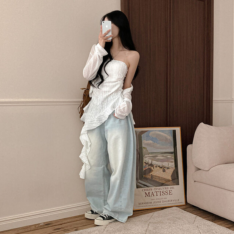 비비 레이스 플라워 테일 오프숄더 튜브 탑 블라우스 화이트