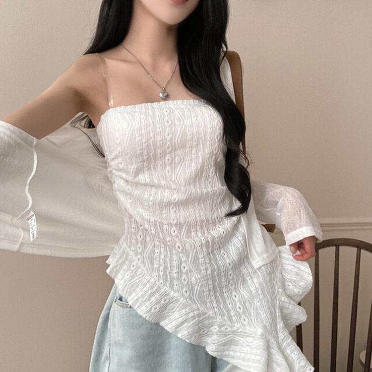 비비 레이스 플라워 테일 오프숄더 튜브 탑 블라우스 화이트