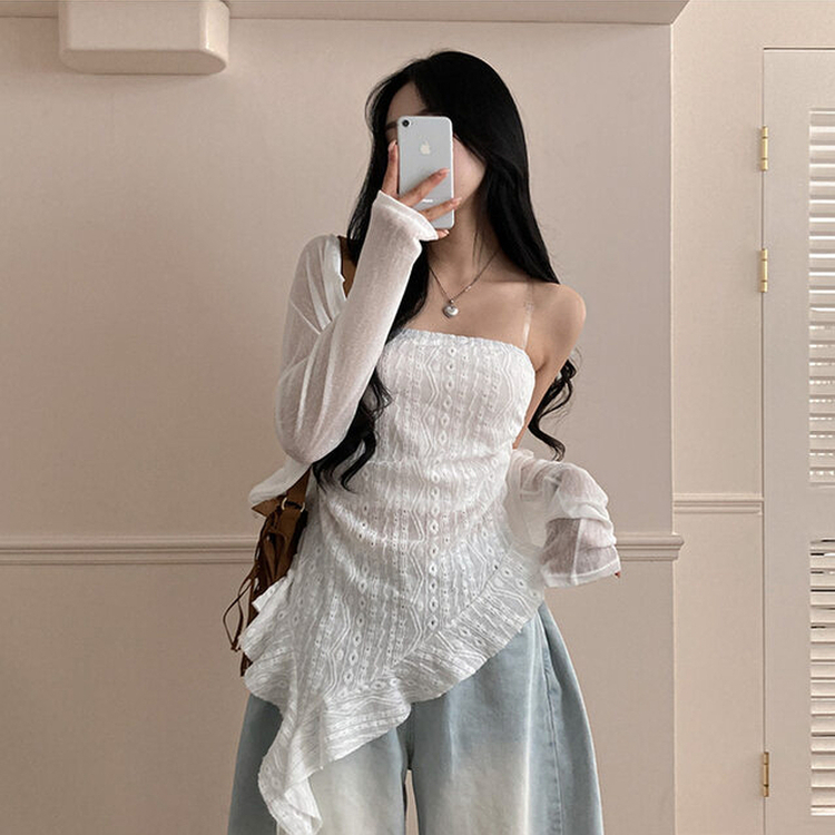 비비 레이스 플라워 테일 오프숄더 튜브 탑 블라우스 화이트