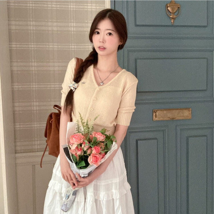 리븐 실버 팬던트 패치 시스루 브이넥 크롭 반팔 가디건 옐로우