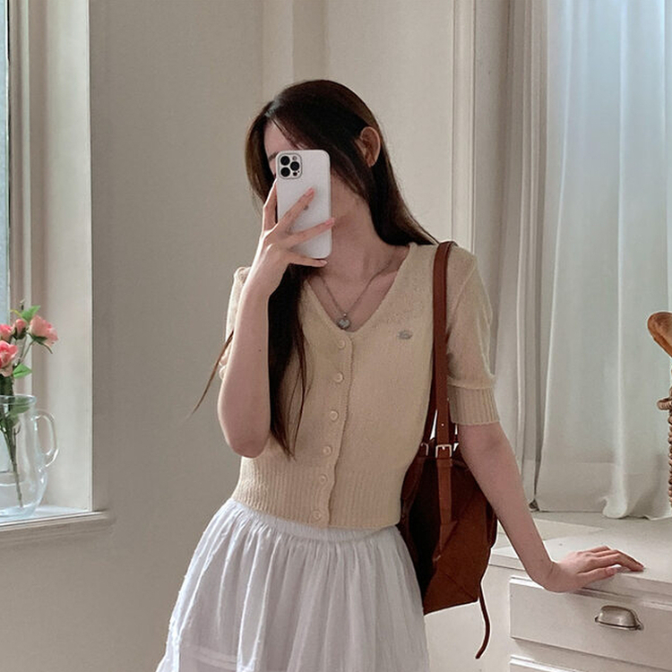 리븐 실버 팬던트 패치 시스루 브이넥 크롭 반팔 가디건 옐로우