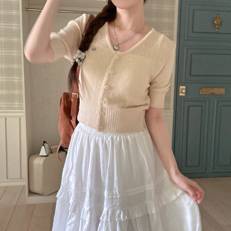 리븐 실버 팬던트 패치 시스루 브이넥 크롭 반팔 가디건 옐로우