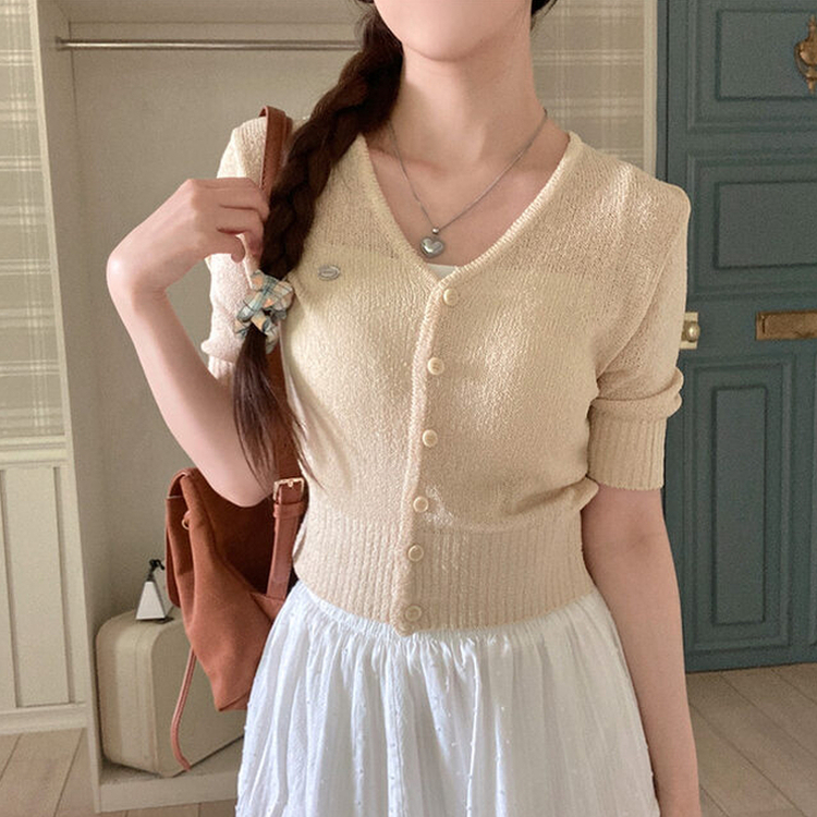 리븐 실버 팬던트 패치 시스루 브이넥 크롭 반팔 가디건 옐로우