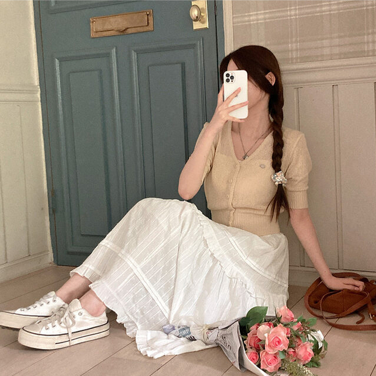 리븐 실버 팬던트 패치 시스루 브이넥 크롭 반팔 가디건 옐로우