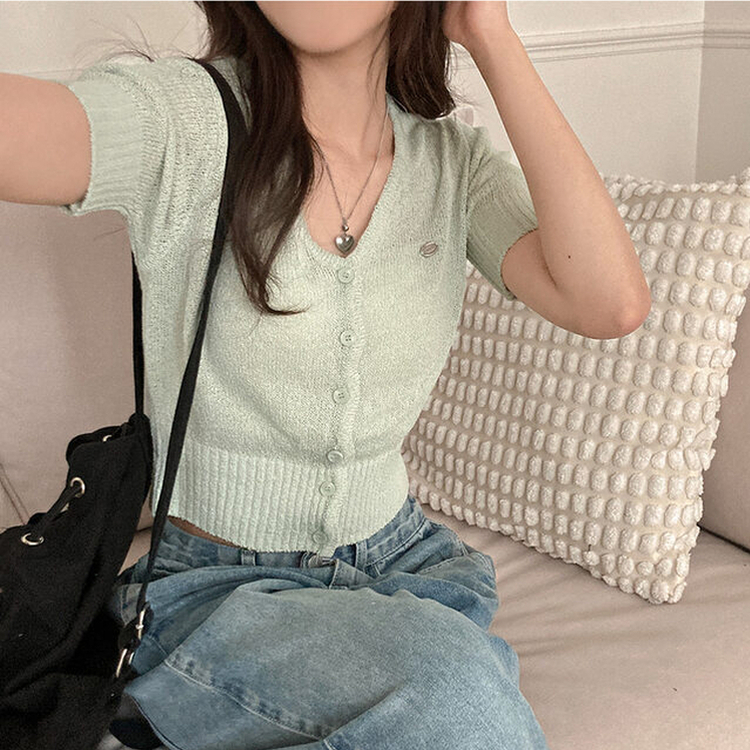 리븐 실버 팬던트 패치 시스루 브이넥 크롭 반팔 가디건 민트