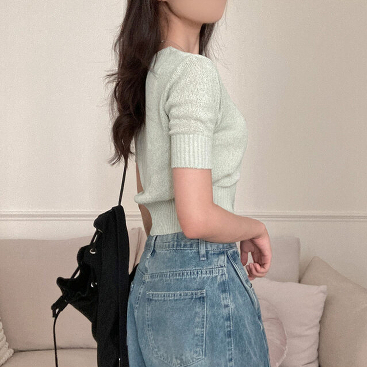 리븐 실버 팬던트 패치 시스루 브이넥 크롭 반팔 가디건 민트