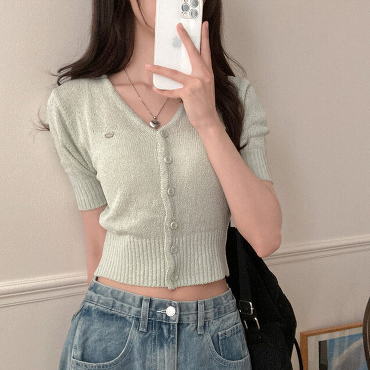 리븐 실버 팬던트 패치 시스루 브이넥 크롭 반팔 가디건 민트