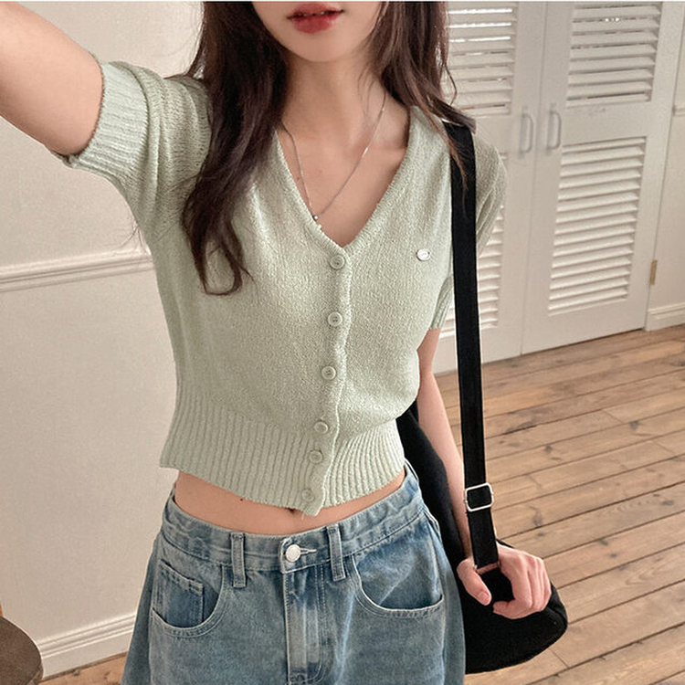 리븐 실버 팬던트 패치 시스루 브이넥 크롭 반팔 가디건 민트