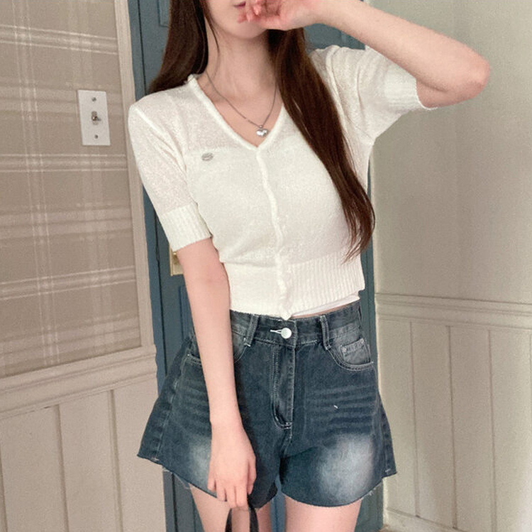 리븐 실버 팬던트 패치 시스루 브이넥 크롭 반팔 가디건 아이보리