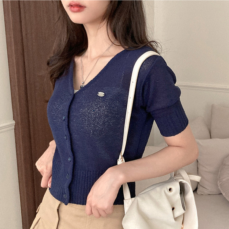 리븐 실버 팬던트 패치 시스루 브이넥 크롭 반팔 가디건 네이비