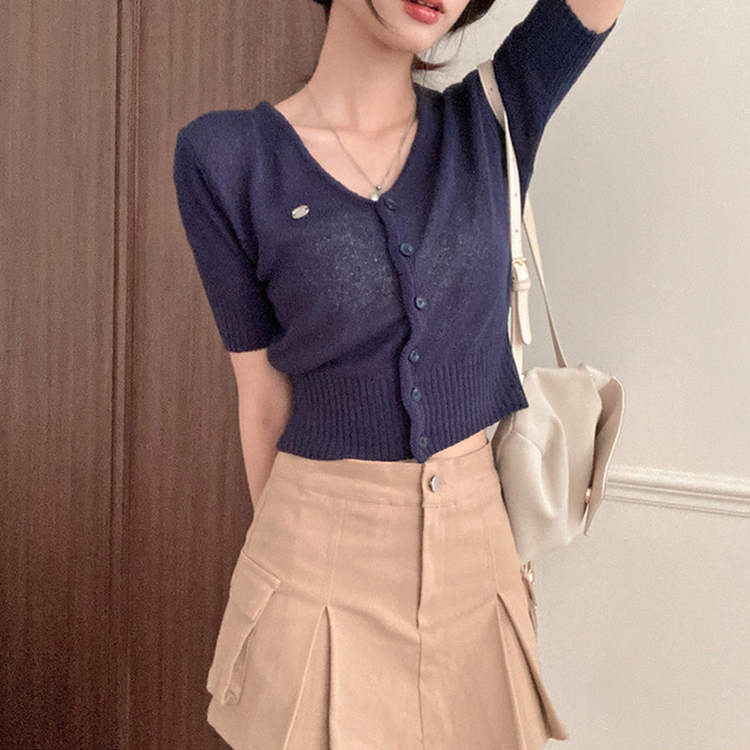 리븐 실버 팬던트 패치 시스루 브이넥 크롭 반팔 가디건 네이비