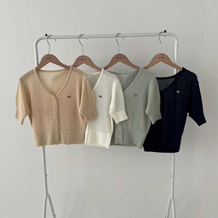 리븐 실버 팬던트 패치 시스루 브이넥 크롭 반팔 가디건