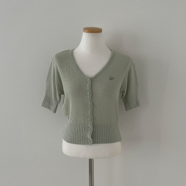 리븐 실버 팬던트 패치 시스루 브이넥 크롭 반팔 가디건