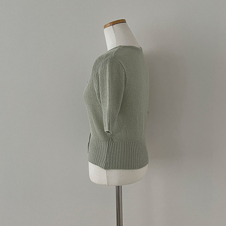 리븐 실버 팬던트 패치 시스루 브이넥 크롭 반팔 가디건