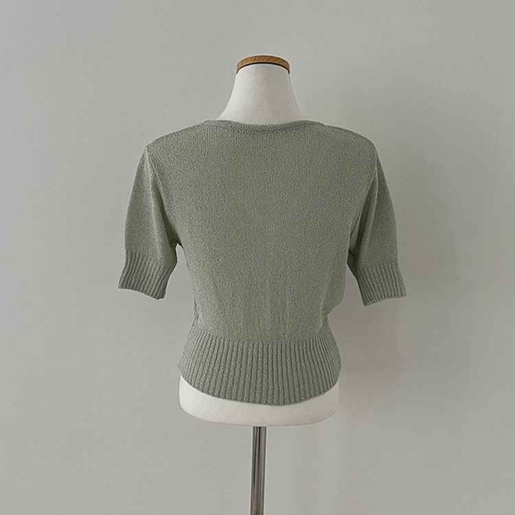 리븐 실버 팬던트 패치 시스루 브이넥 크롭 반팔 가디건