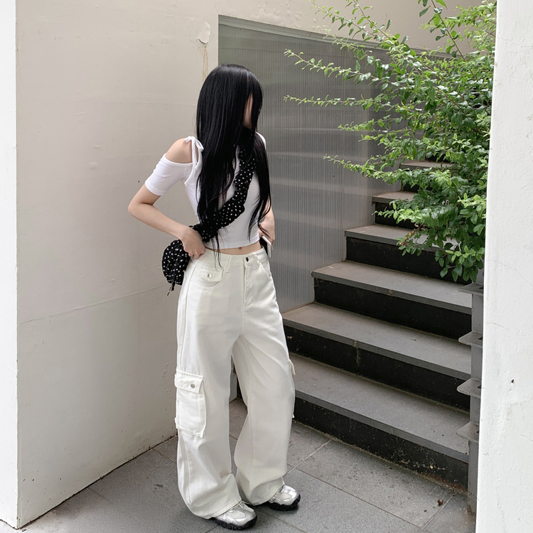 ポケットカーゴコットンボタンワイドパンツ WHITE