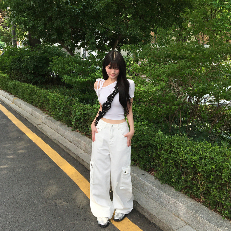 ポケットカーゴコットンボタンワイドパンツ WHITE