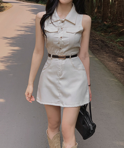 ミニワンピース 【ベルト付き】ステッチボタンミニワンピース BEIGE