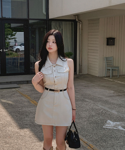 ミニワンピース 【ベルト付き】ステッチボタンミニワンピース BEIGE