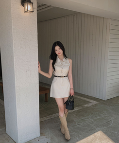 ミニワンピース 【ベルト付き】ステッチボタンミニワンピース BEIGE